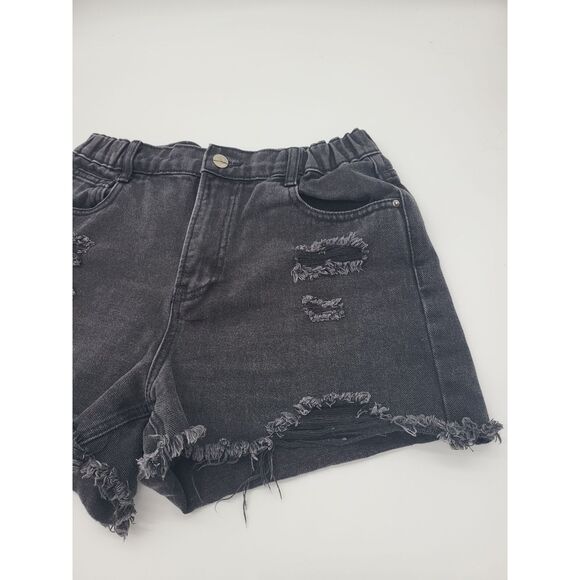 Forever 21 Denim Shorts Large Womens Black Distressed Raw Hem Elastic Waist - Picture 2 of 5